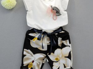 Girls Sleeveless Splicing Design T shirt Casual Pants Suit